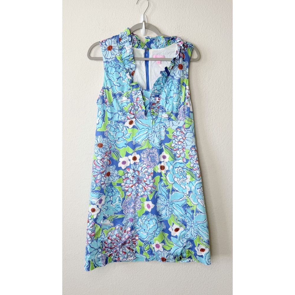 Lilly Pulitzer Adeline Dress Sz 12 Blue Green Floral Ruffle Cotton Shift Whimsy